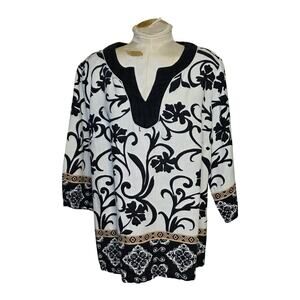 JM Collection Womens Black & White Floral Tunic Top 100% Linen‎ Size 16W